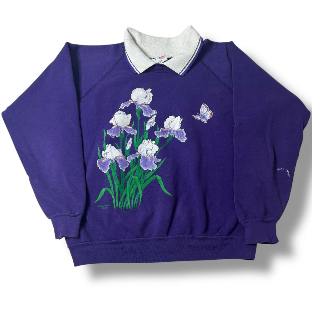 Vintage Morning Sun Floral Collared Sweatshirt Women's Large Made‎ in USA Purple